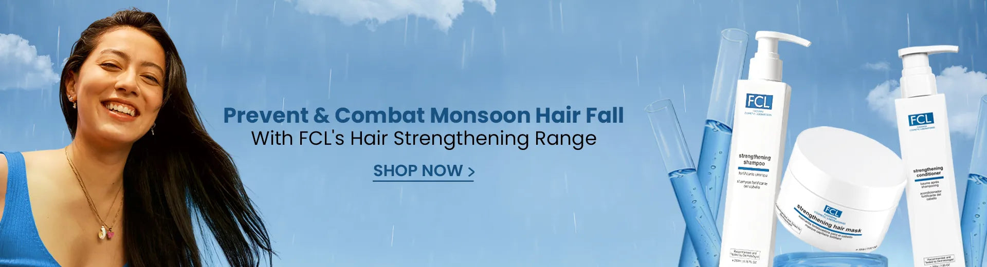 FCL's hair strengthening range with a woman and hair care products